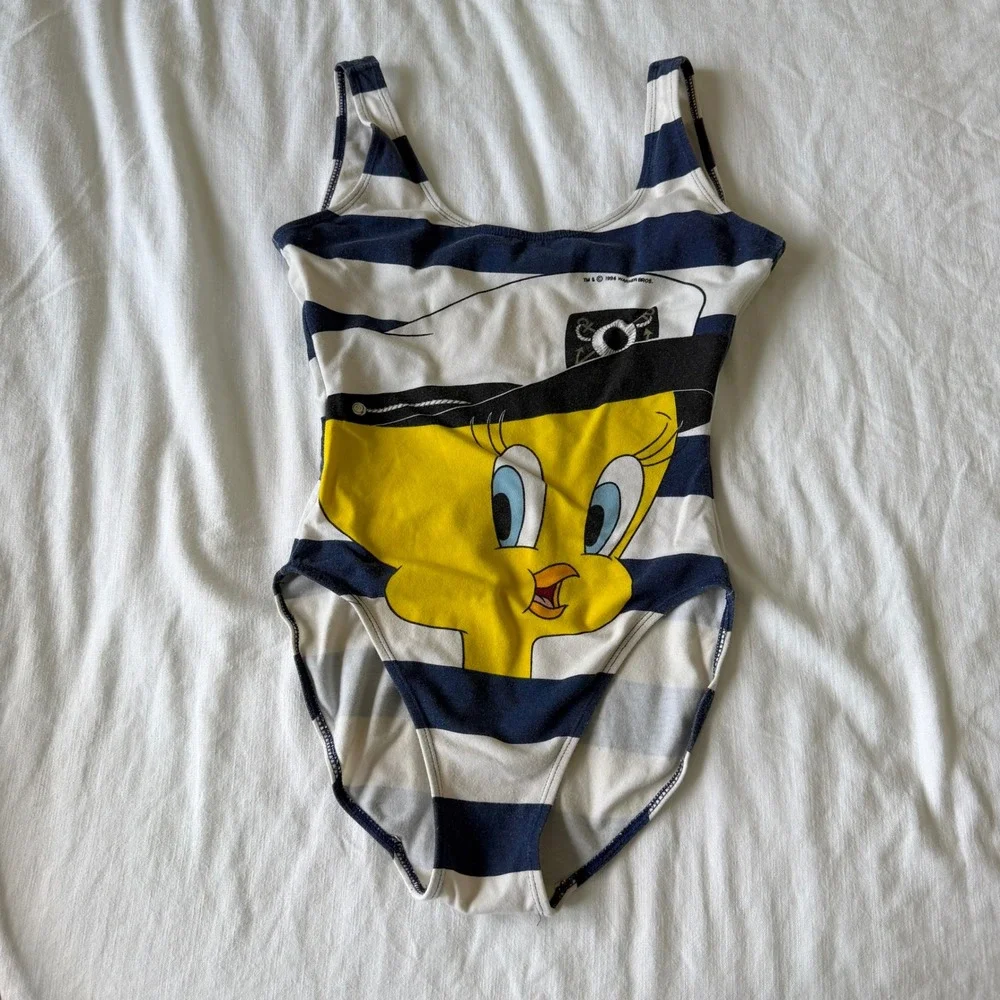 Vintage 1994‎ Looney Tunes Tweety Bird One Piece Swimsuit Navy White 9/10